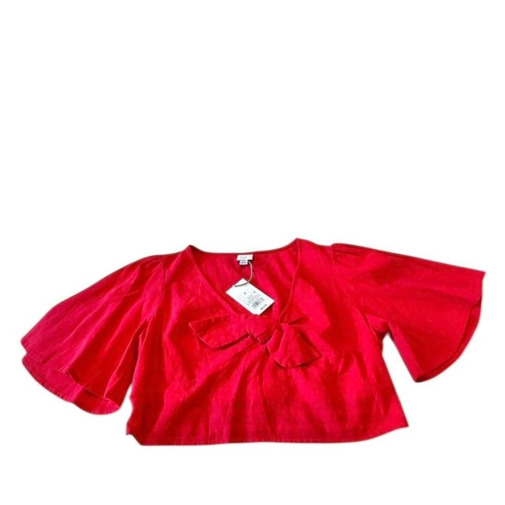 Valentine Red Linen Blend Tie-Front Crop Top Coquette Bow V-Neck Bell Sleeve NWT